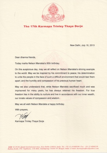 Letter for 95th birthday of Nelson Mandela
